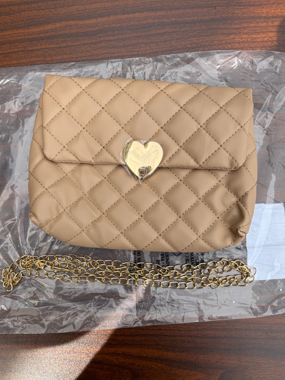 MKS America Beige Quilted Heart Lock Crossbody Bag Gold Chain NWT